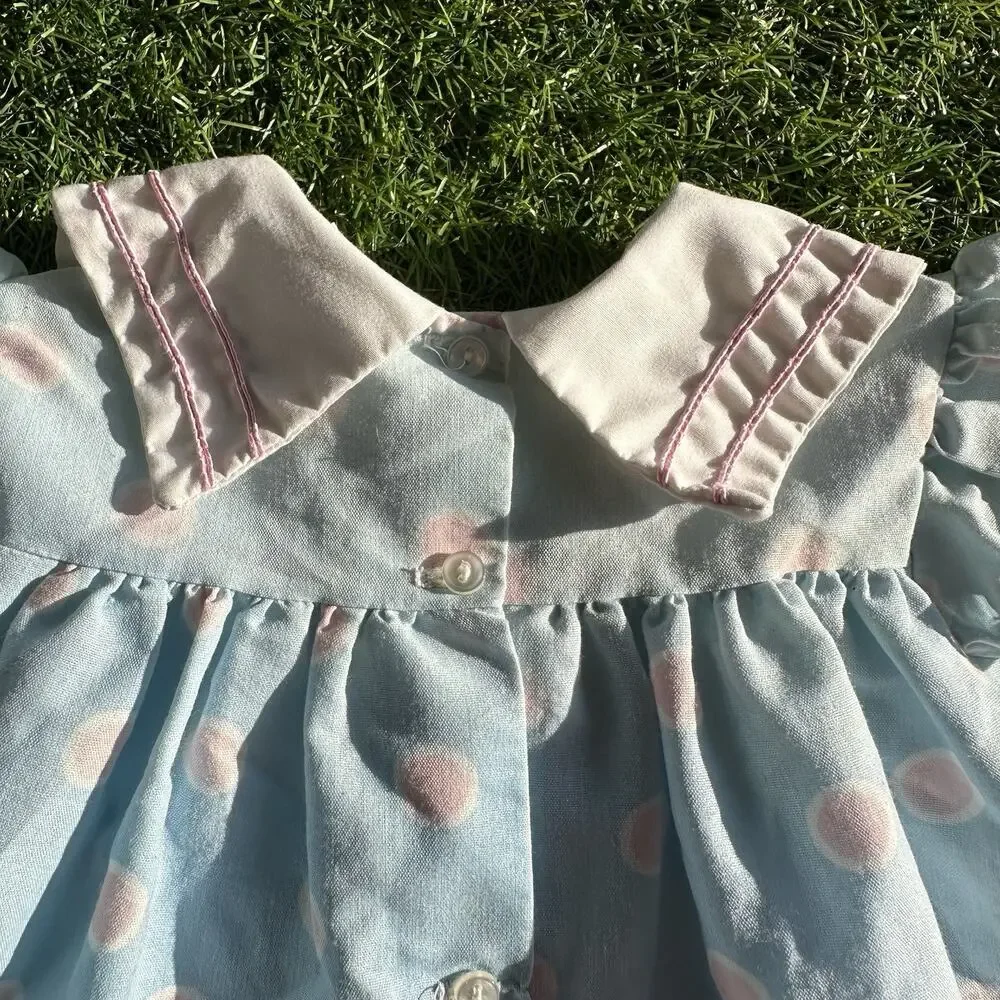 Vintage Bryan Baby Dress 6-9 Months USA Sailor Collar‎ Bow Blue Pink Polka Dot